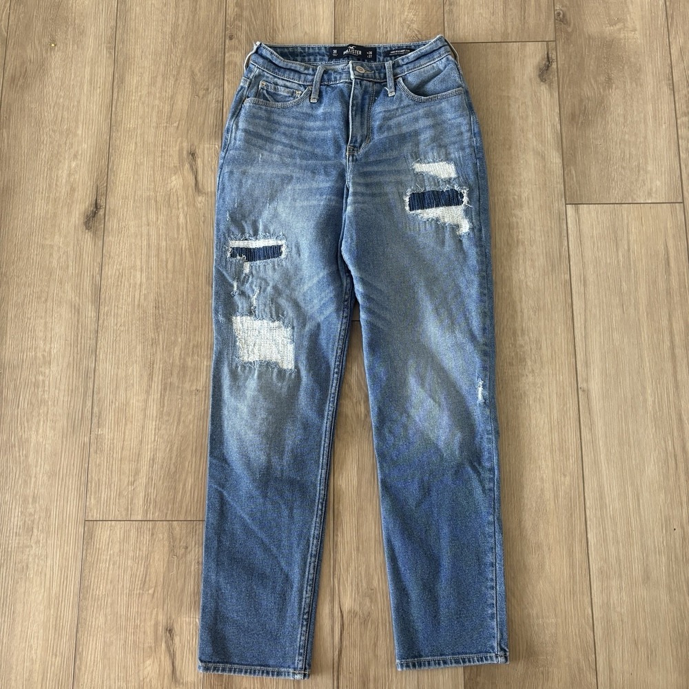 Hollister Women's High-Rise Mom Jeans Patchwork Distressed Blue Denim 3R 26